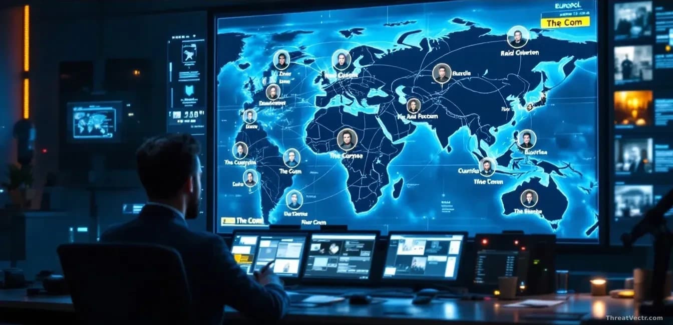 Europol command center aesthetic with a world map showing nine countries highlighted, digital nodes representing 'The Com' network linked across the globe, raid