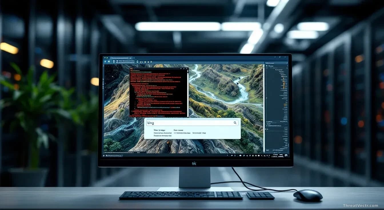 Bing image search interface on a monitor with a malicious SVG file uploaded and processed, server room in background suggesting Microsoft infrastructure, comman