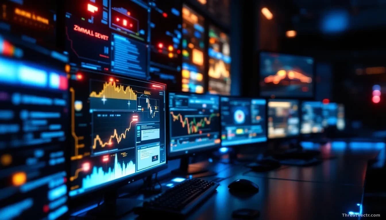 Composite security threat scene: industrial network switches with flashing indicators, Zimbra email server interface, and Stadler Rail locomotive imagery all vi