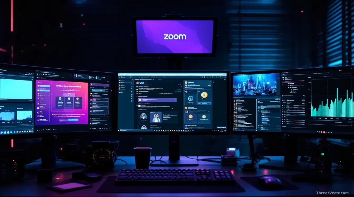 Cyber-attack command center aesthetic with multiple monitors displaying fake Zoom and Microsoft Teams landing pages, cryptocurrency wallet monitoring tools, and
