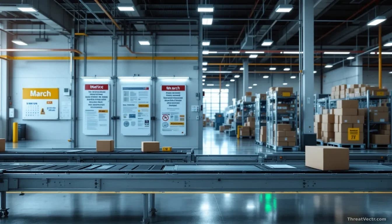 OnTrac delivery facility interior with package sorting systems and conveyors, security breach notices posted, forensic investigation markers and documentation v