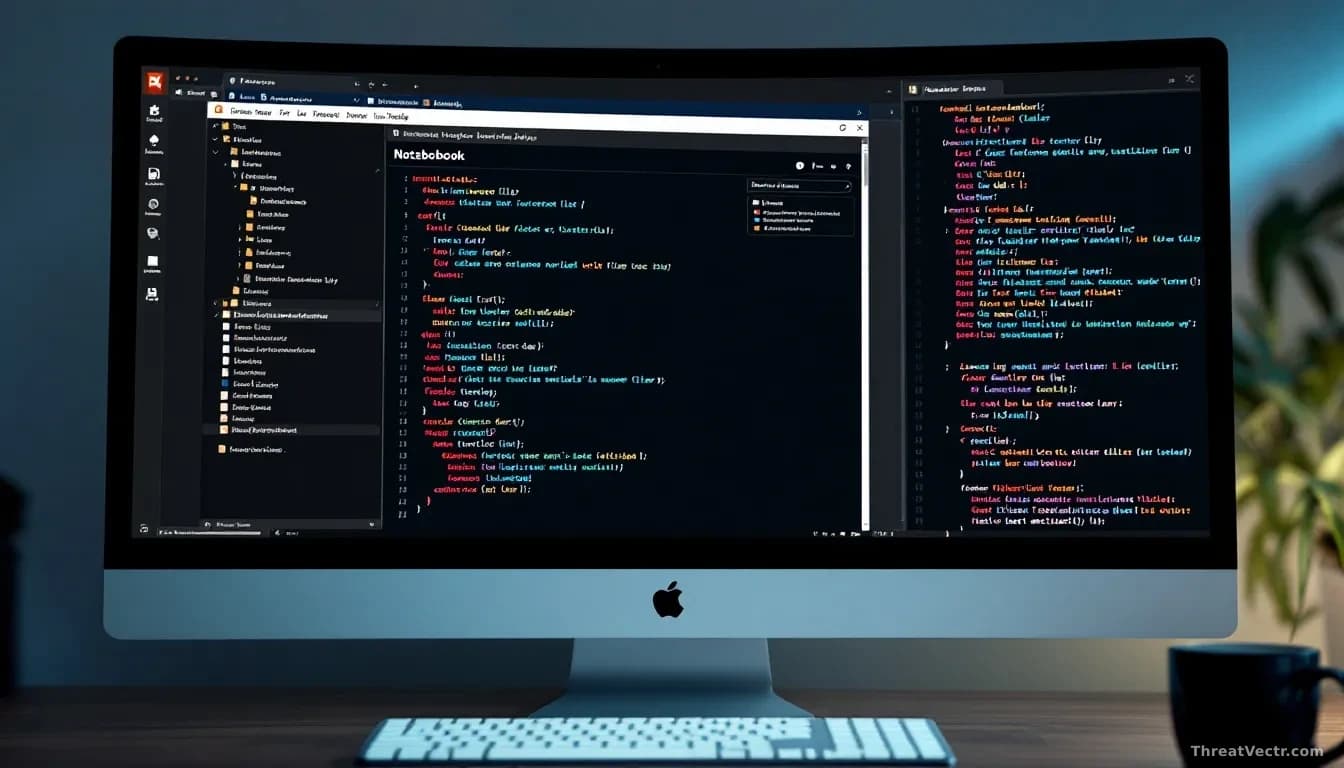 Developer's workstation showing GitLab interface with malicious notebook files visible in the repository structure, a diff view highlighting suspicious code cha