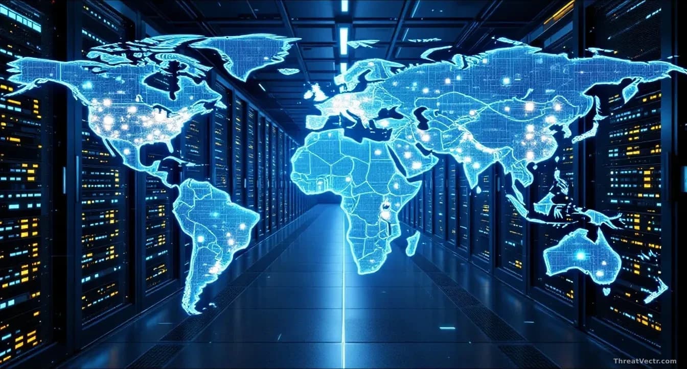 Global data center with rows of servers, some with warning lights active, representing worldwide infrastructure outage, digital maps showing affected regions di