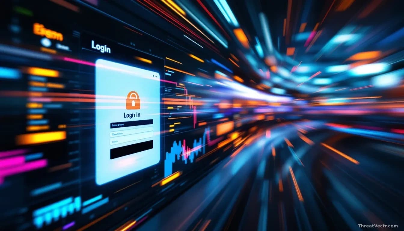 Real-time security monitoring dashboard showing live login activity, with a fake insurance company login page displayed on one screen and rapid cursor movements