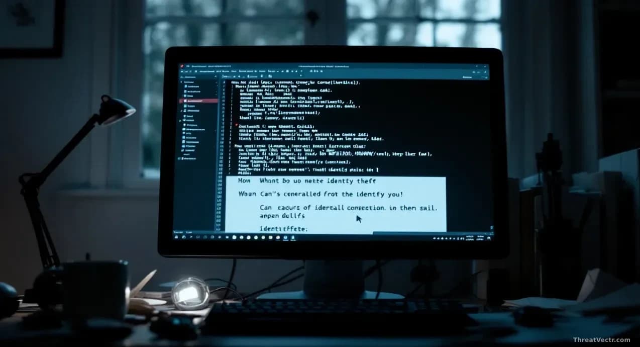 Dimly lit computer screen displaying rows of email addresses and personal data, with a cursor hovering over threatening text in an email composition window, sca