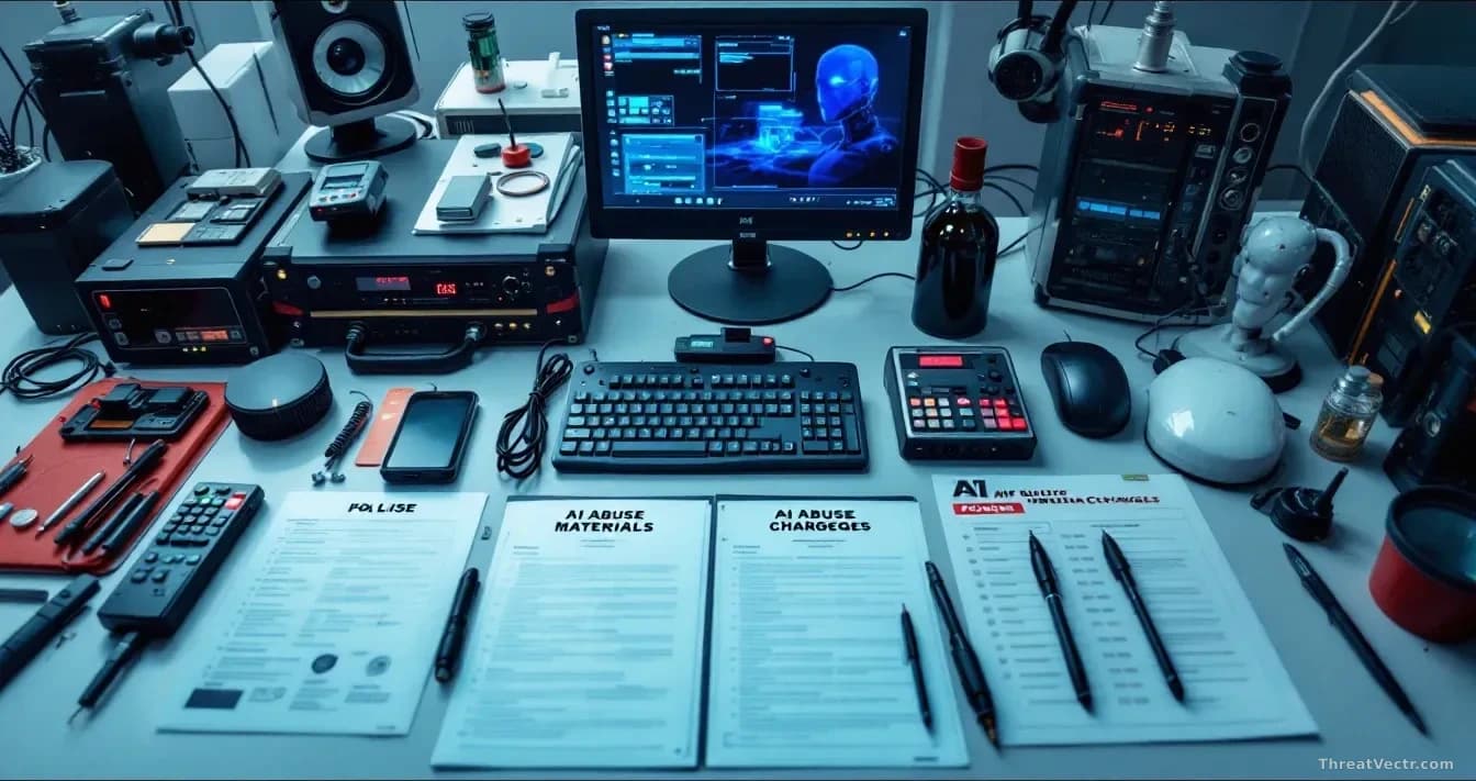 Police forensic equipment and seized computer devices arranged on a lab bench, with case files showing AI abuse material charges visible on the desk