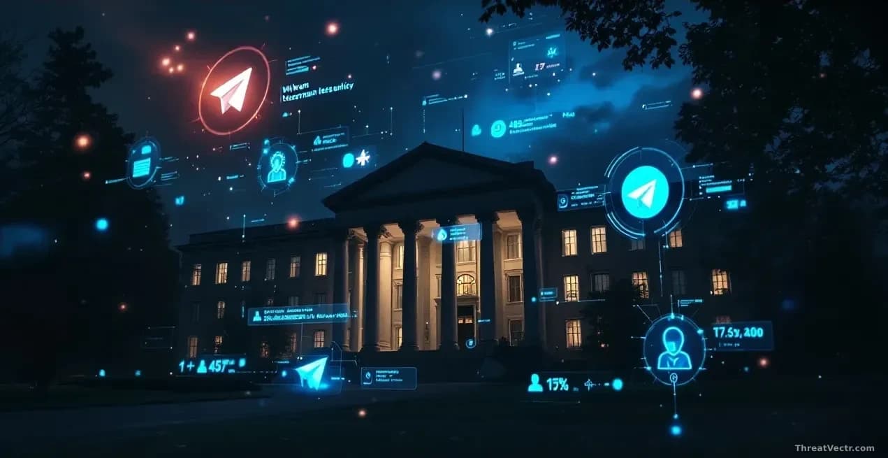 A government building at night with digital surveillance tools and malware signatures floating in the darkness, with Telegram messaging interface visible in the