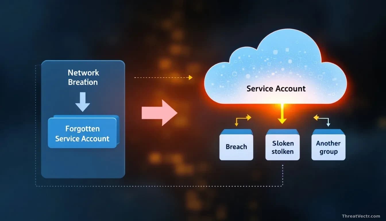 A network architecture diagram showing a cloud platform with a forgotten service account highlighted, then a second breach arrow showing stolen data being stole