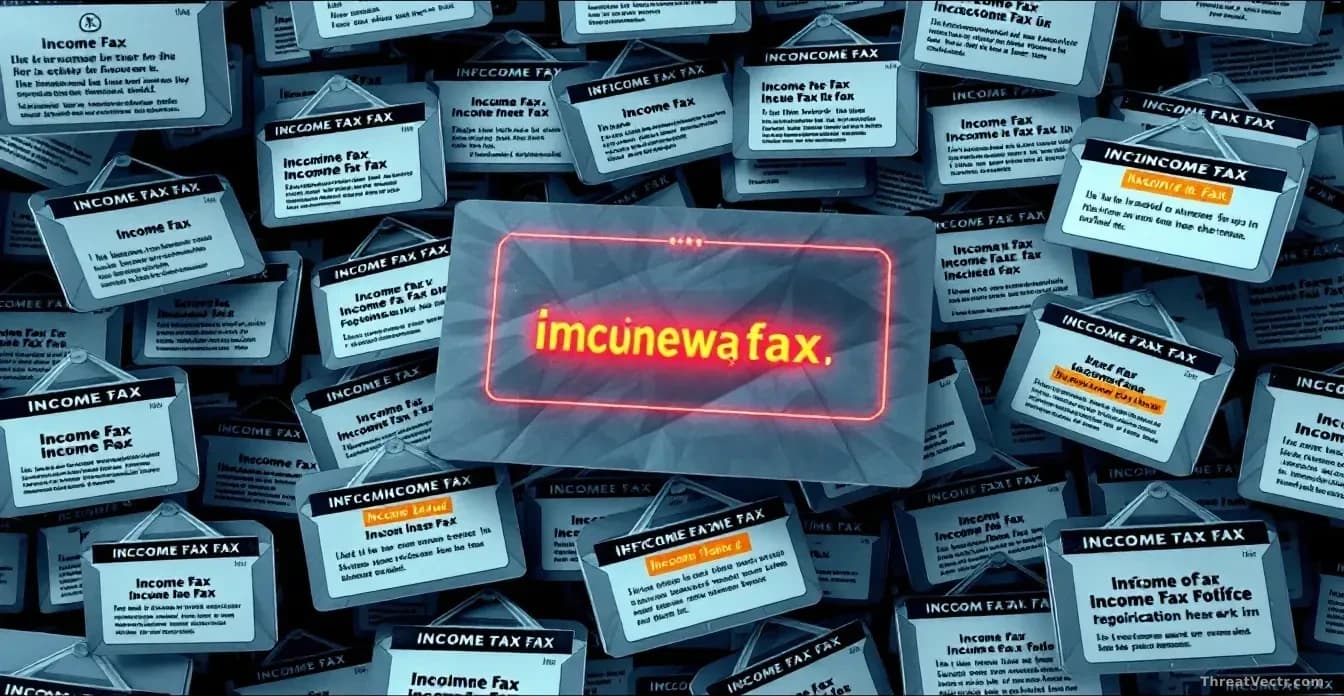 An inbox overflowing with official-looking income tax notification emails, with a malware payload invisibly embedded in one highlighted message