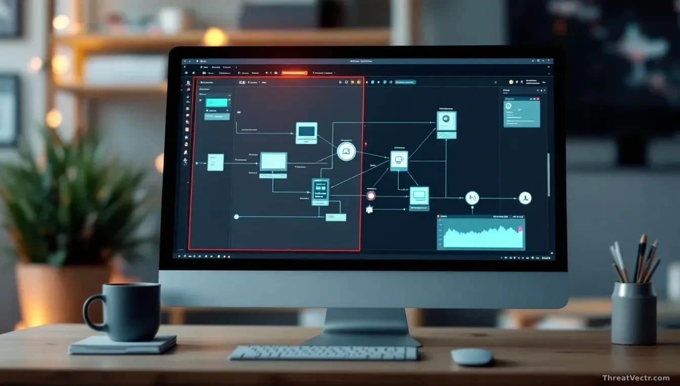 A computer monitor displaying workflow automation blocks and nodes, with one section visibly breaking through a red sandbox boundary line into unrestricted syst