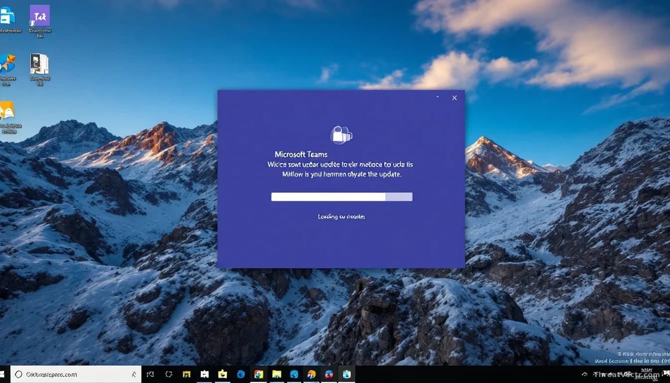 A desktop computer screen showing a fake Microsoft Teams update notification window overlaid on top of legitimate system windows, with a bogus progress bar load