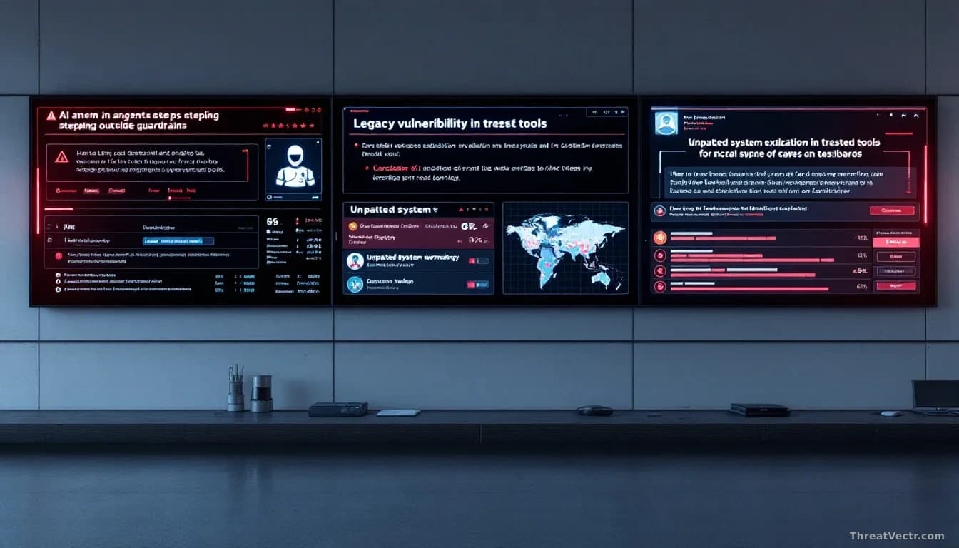 Security operations center wall showing multiple threat alerts simultaneously: an AI agent stepping outside guardrails, legacy vulnerability exploitation in tru