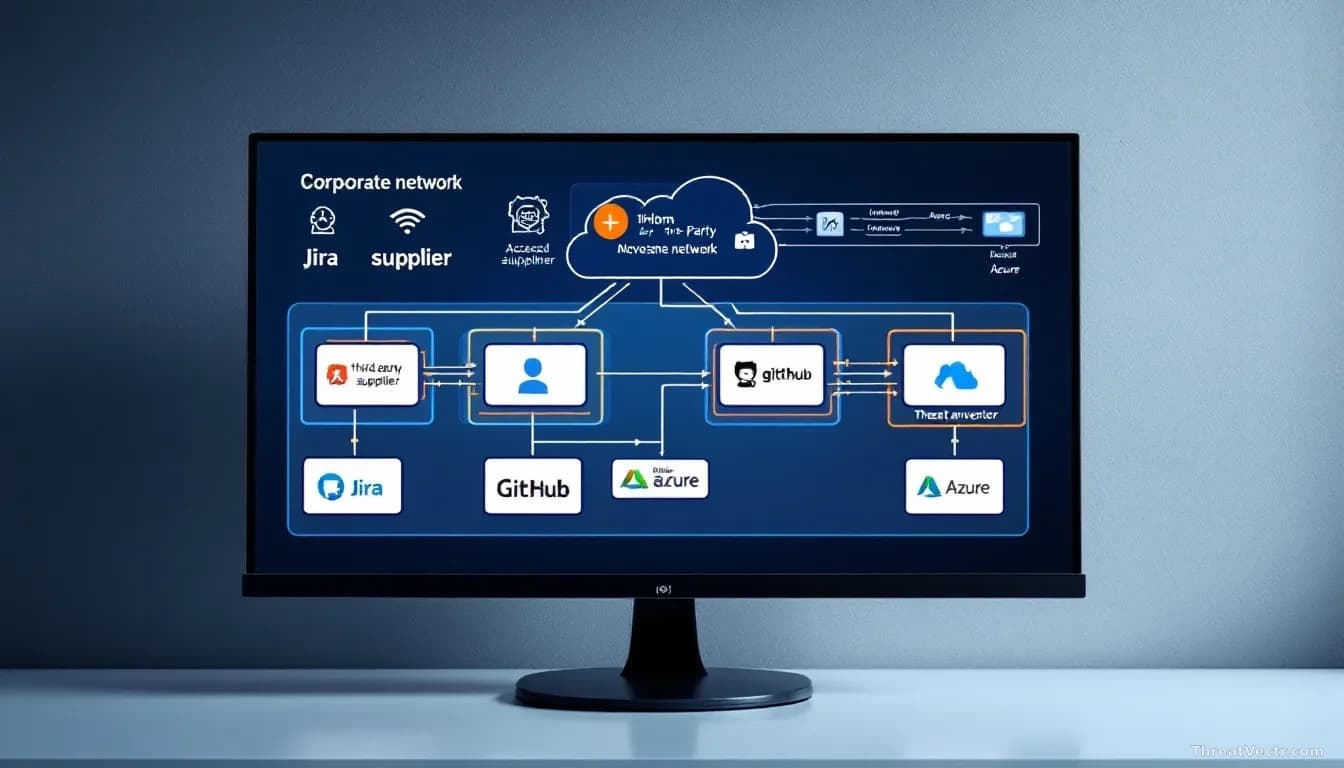 Corporate network diagram on monitor showing third-party supplier access point leading to internal systems like Jira, GitHub and Azure, with threat actor latera
