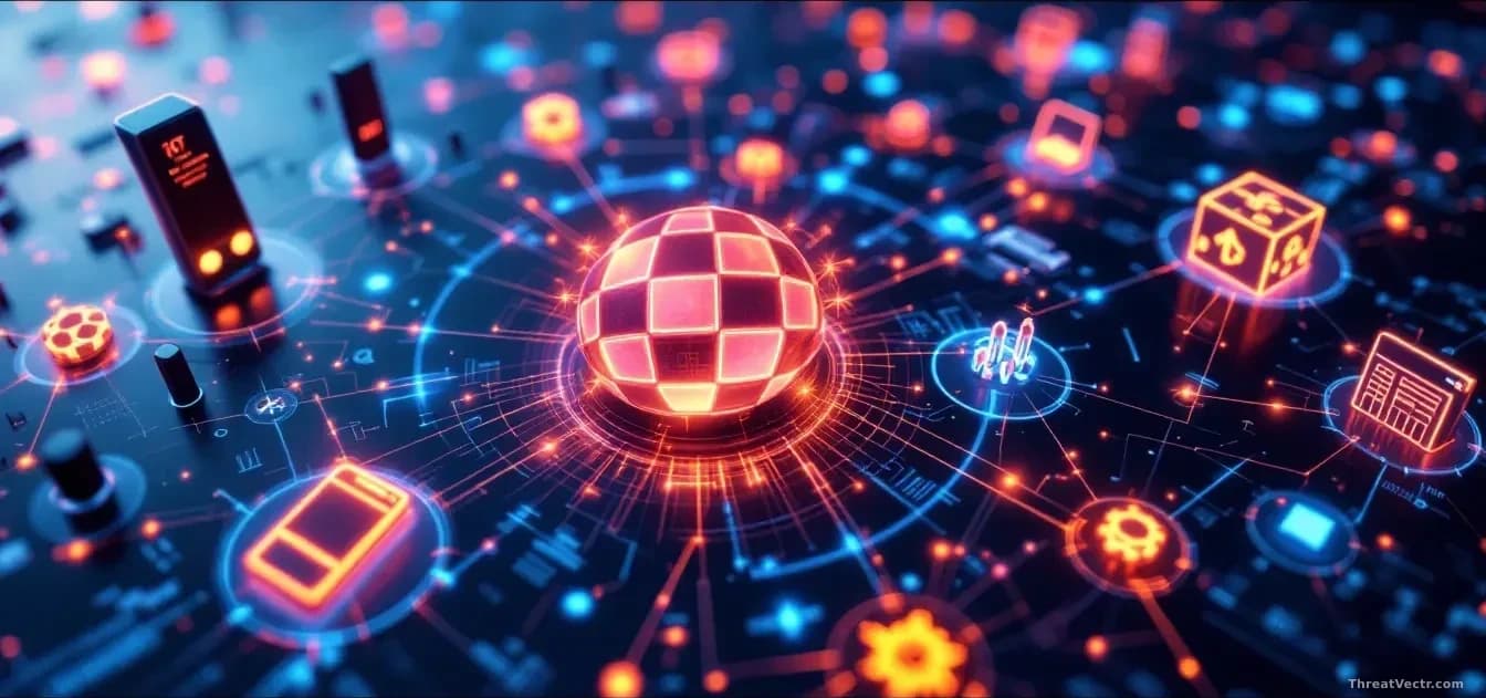 Network infrastructure visualization showing IoT devices interconnected with blockchain node indicators, control traffic routing through infected endpoints with
