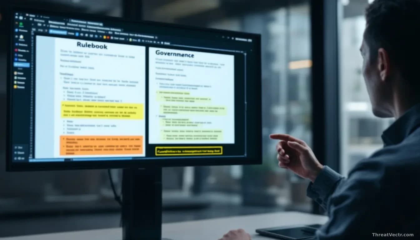 Security researcher presenting rulebook pages and governance documentation on screen, with highlighted vulnerabilities showing how compliance rules can be weapo