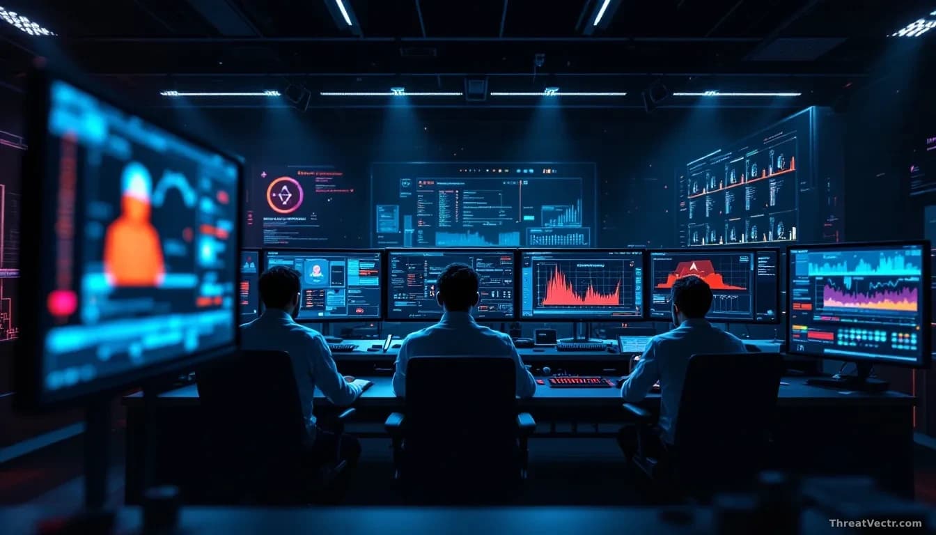 Security operations center with multiple AI agent systems working in parallel on vulnerability assessment, each specialized interface showing different attack s
