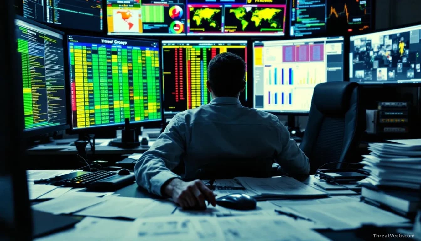 Threat analyst working at a desk surrounded by printouts and digital screens displaying color-coded threat group designations with two-word labels replacing num