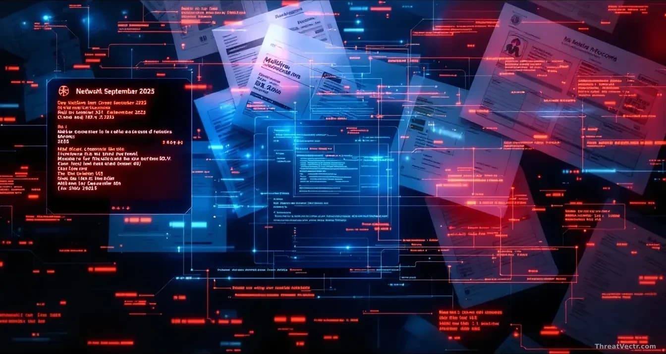 Medical records and billing documents scattered across a dark background with digital overlay showing data transfer indicators and timestamps from September 202