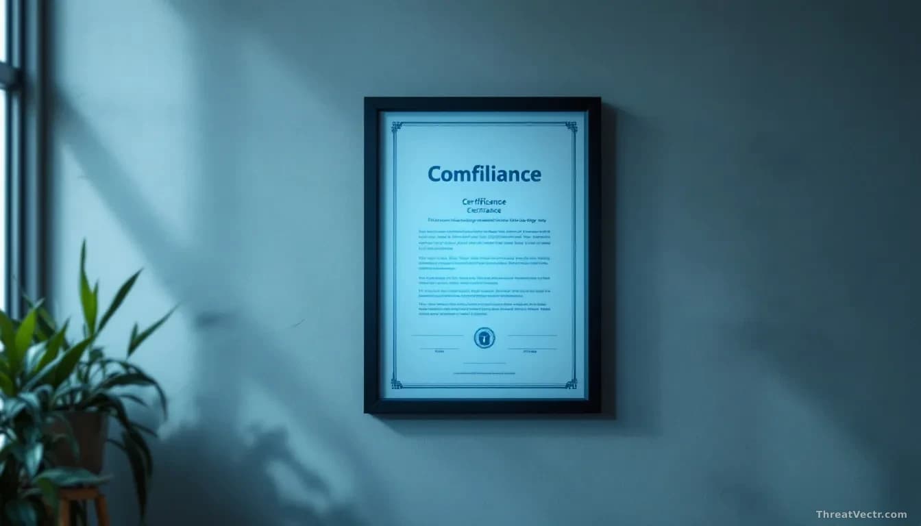 Compliance certificate or security badge framed on an office wall becoming faded and irrelevant as a live autonomous agent processes data files in the backgroun