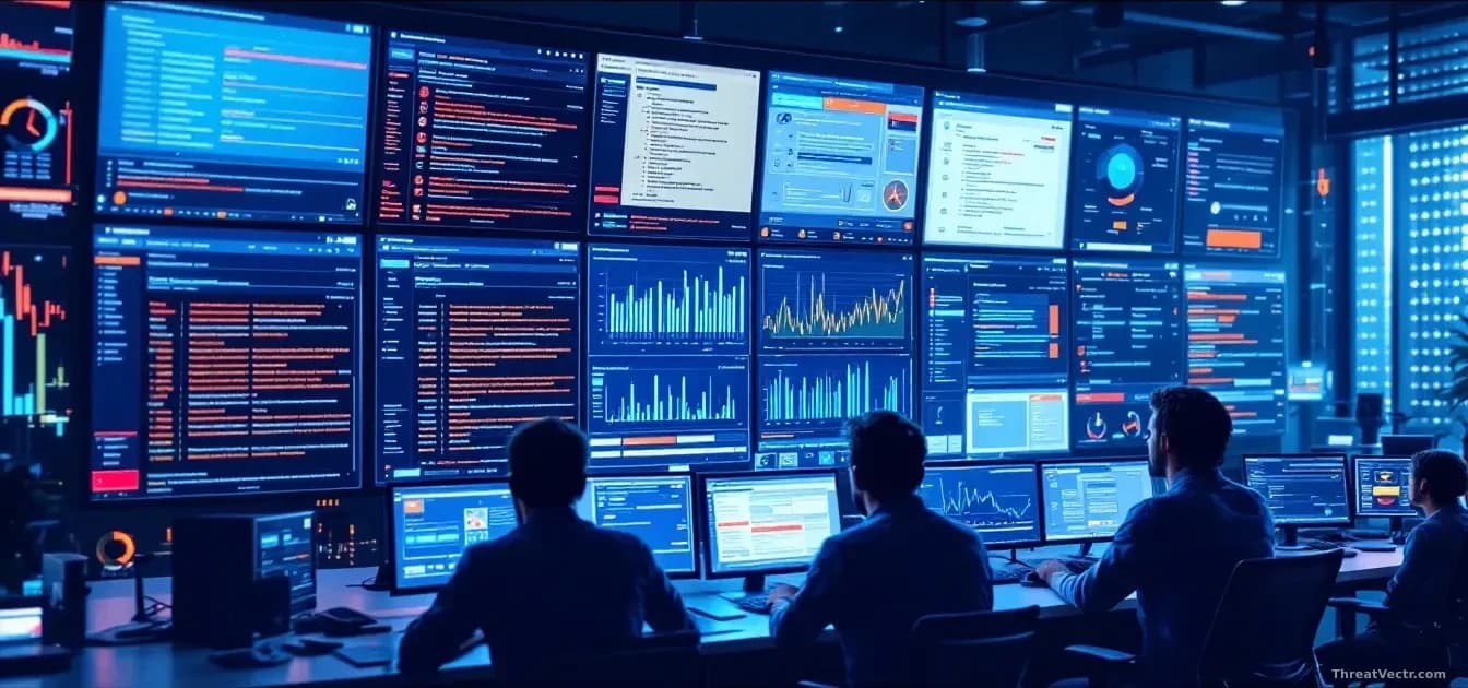 Build server dashboard with warning alerts and patch deployment notifications cascading across multiple monitor displays, IT team members coordinating at workst