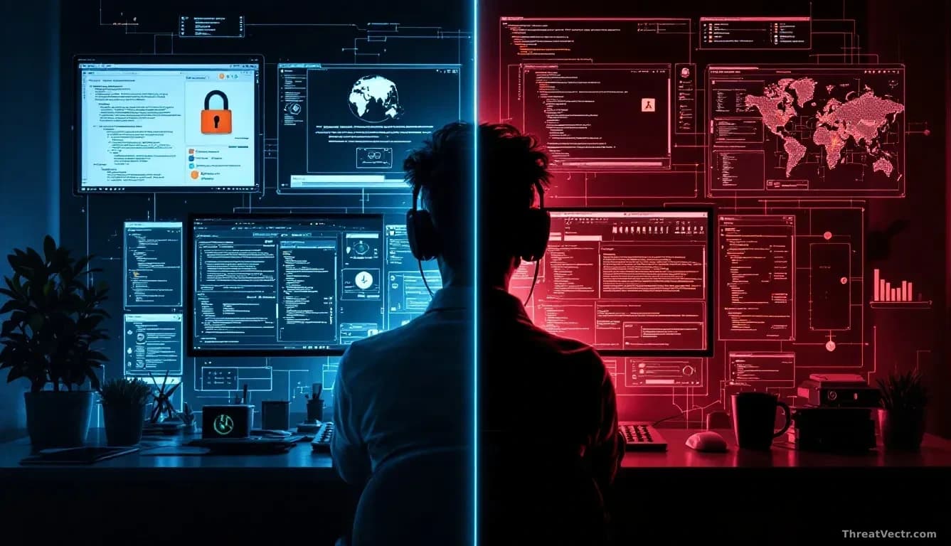 A workspace split visually in two: one side showing offensive security tools and penetration test plans, the other showing defensive incident response procedure