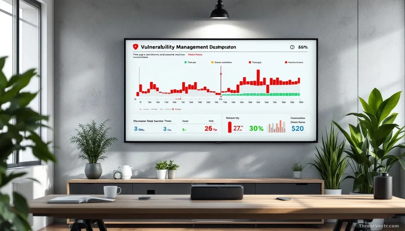 A startup office with a large wall-mounted vulnerability management dashboard showing the time gap between discovery and active exploitation being measured and 