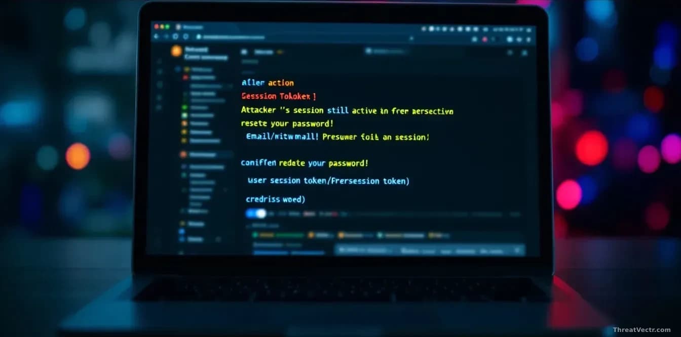 A laptop screen showing an attacker's session still active in an email inbox even after a user has reset their password, demonstrating a persistent session toke