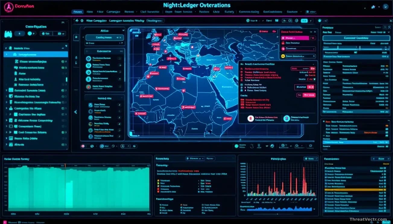 A cybersecurity threat operations workspace showing a campaign tracking board with malware command-and-control nodes, victim machines marked on a Middle East an