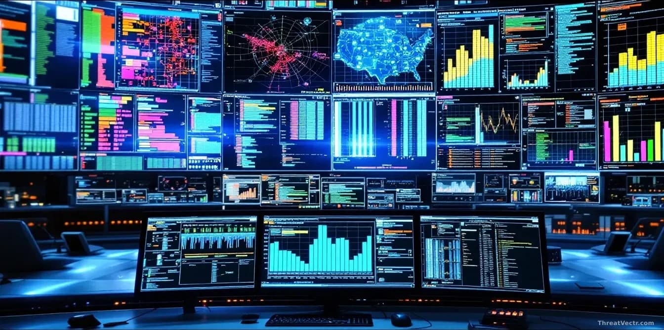 A network operations center with overlapping domain name system visualizations displayed across multiple screens, with highlighted sections showing exposed asse