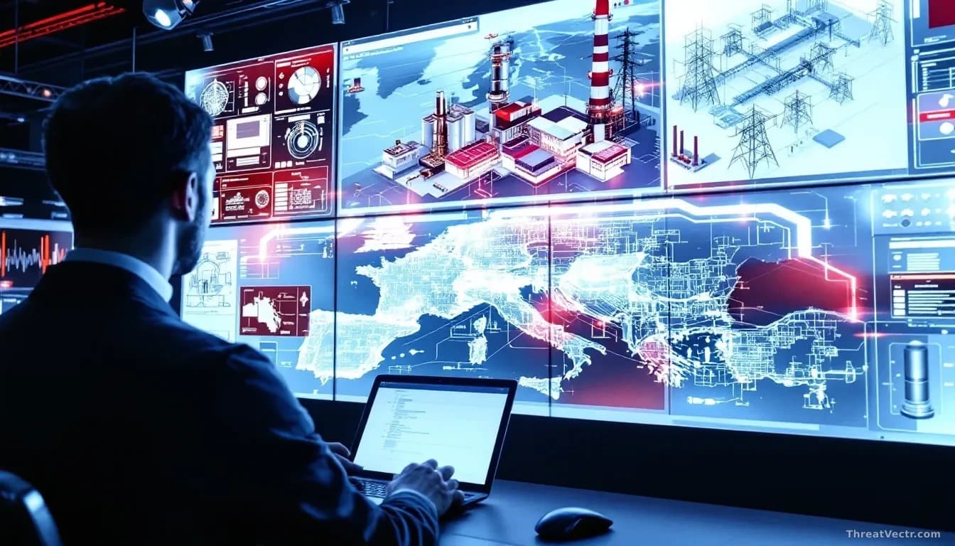 A cybersecurity testing facility with a technician monitoring a large wall display showing a virtual replica of an industrial network under simulated attack, wi