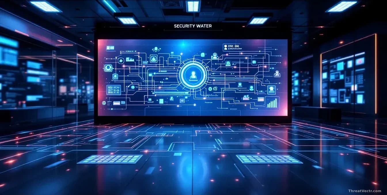 A modern corporate IT security office with a large central display showing interconnected software agent and bot access paths flowing through company data layer