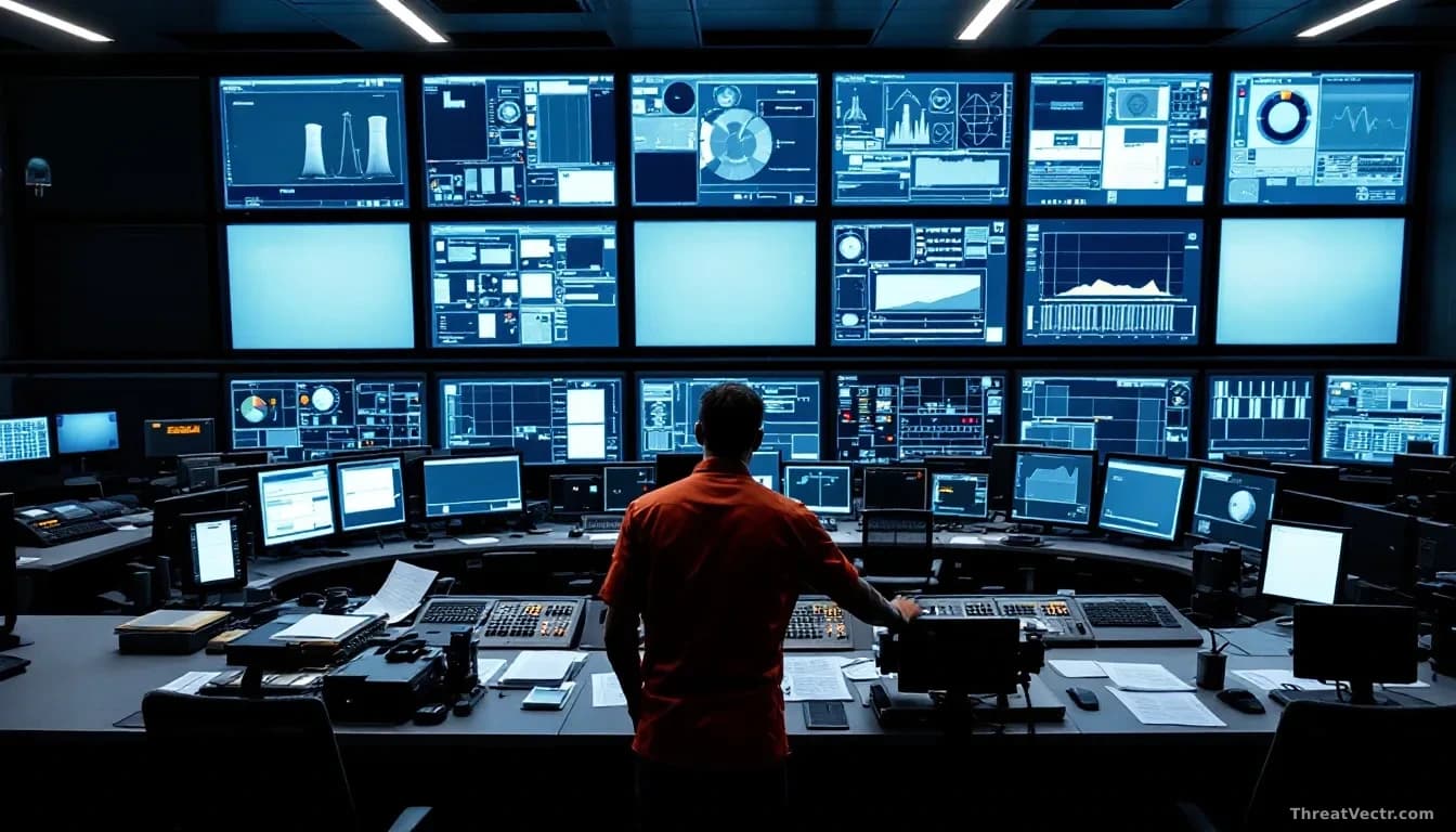 A power station control room with operators standing before a wall of monitors, some screens going dark as critical systems are deliberately isolated, paper doc