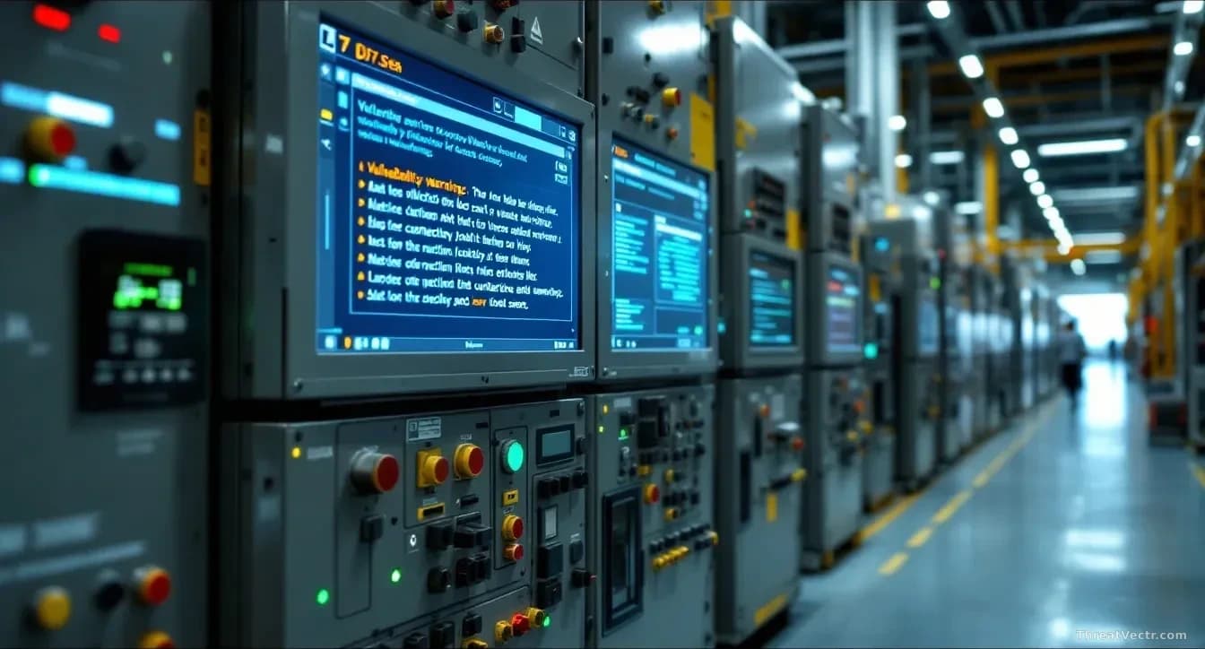 An industrial factory floor with modern control panels and S7-series equipment displayed, a diagnostic readout on a nearby screen showing hundreds of vulnerabil