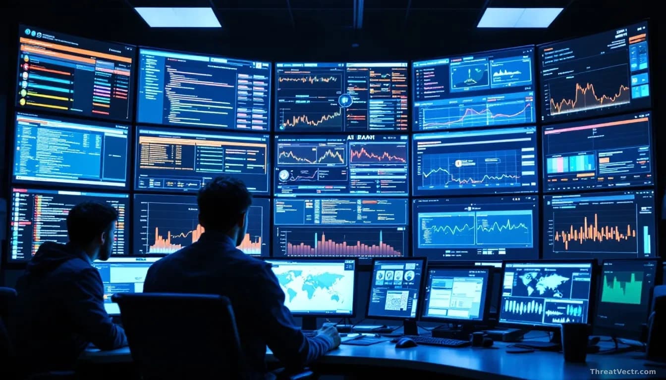 A security operations center with multiple displays showing AI agent activities, decision logs, and autonomous actions taking place without human authorization 