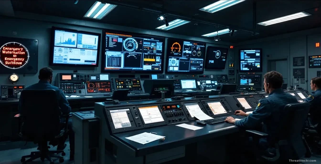 A water treatment plant's control room with darkened screens and disabled automation systems, operators working manually with printed readouts, one facility's g