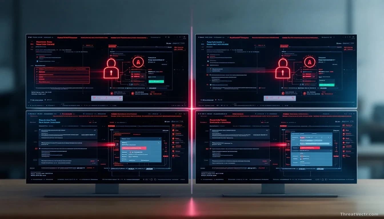 Four different authentication bypass scenarios displayed across a split-screen interface, each showing a different vector of attack against multi-factor authent