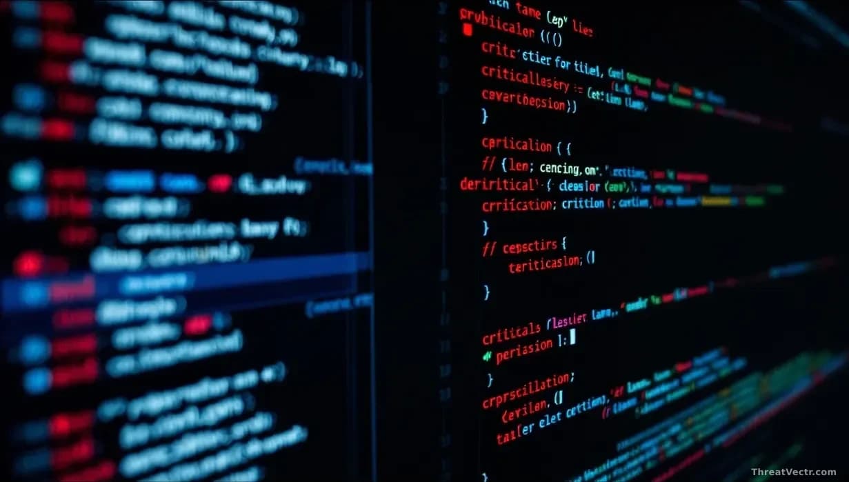A developer's terminal window filled with command-line code execution, repository structure visible in the file tree, with critical severity badges and version 