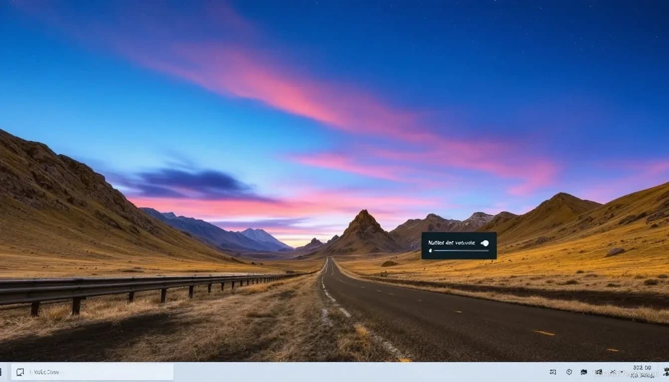 A Windows 11 desktop showing system notification settings being adjusted with muted alert volumes displayed, alongside voice control microphone graphics