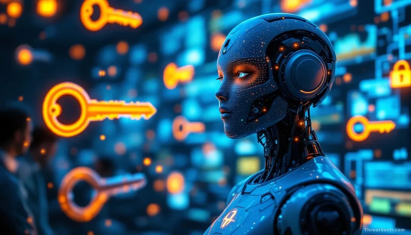 An AI agent with multiple oversized keys floating around it, each granting access to different company systems, with security researchers observing from the sid