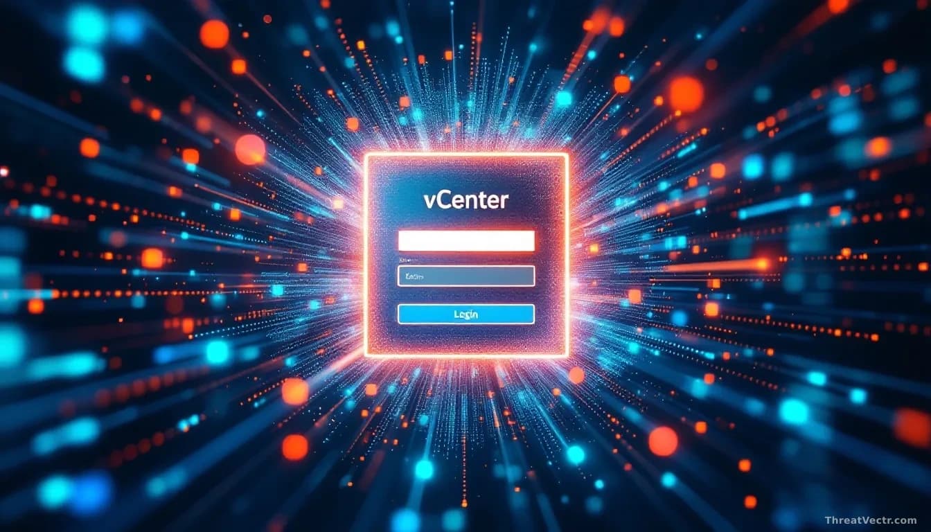 A vCenter login screen dissolving away to reveal immediate access to virtual machines and infrastructure behind it, representing authentication bypass