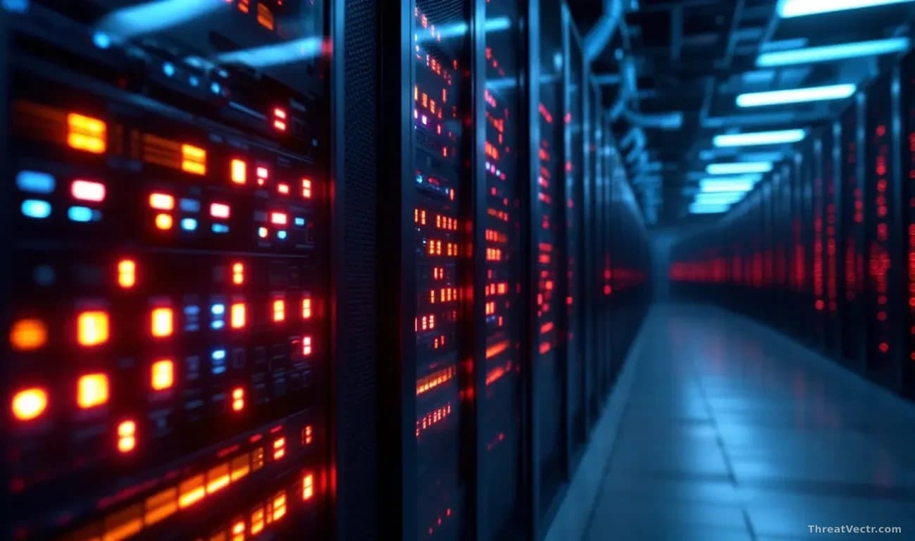 A server farm corridor with racks of hardware showing overloaded indicator lights blinking in sequence, representing system strain from excessive traffic