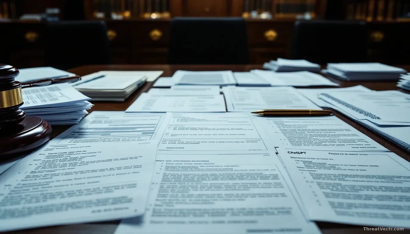 A courtroom evidence display showing printed ChatGPT conversation logs and message transcripts laid out as prosecution evidence on a table, with legal documents