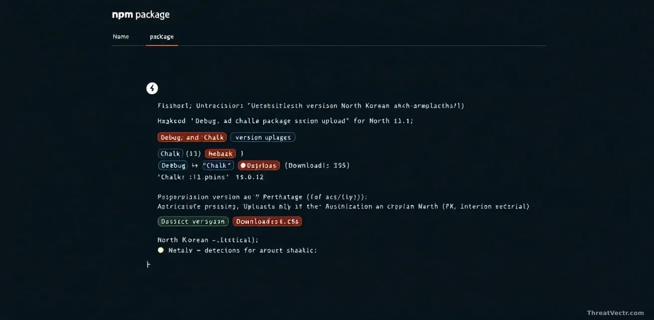 An npm package repository screen showing the hijacked 'Debug' and 'Chalk' packages with suspicious version uploads and download statistics, with attribution mar