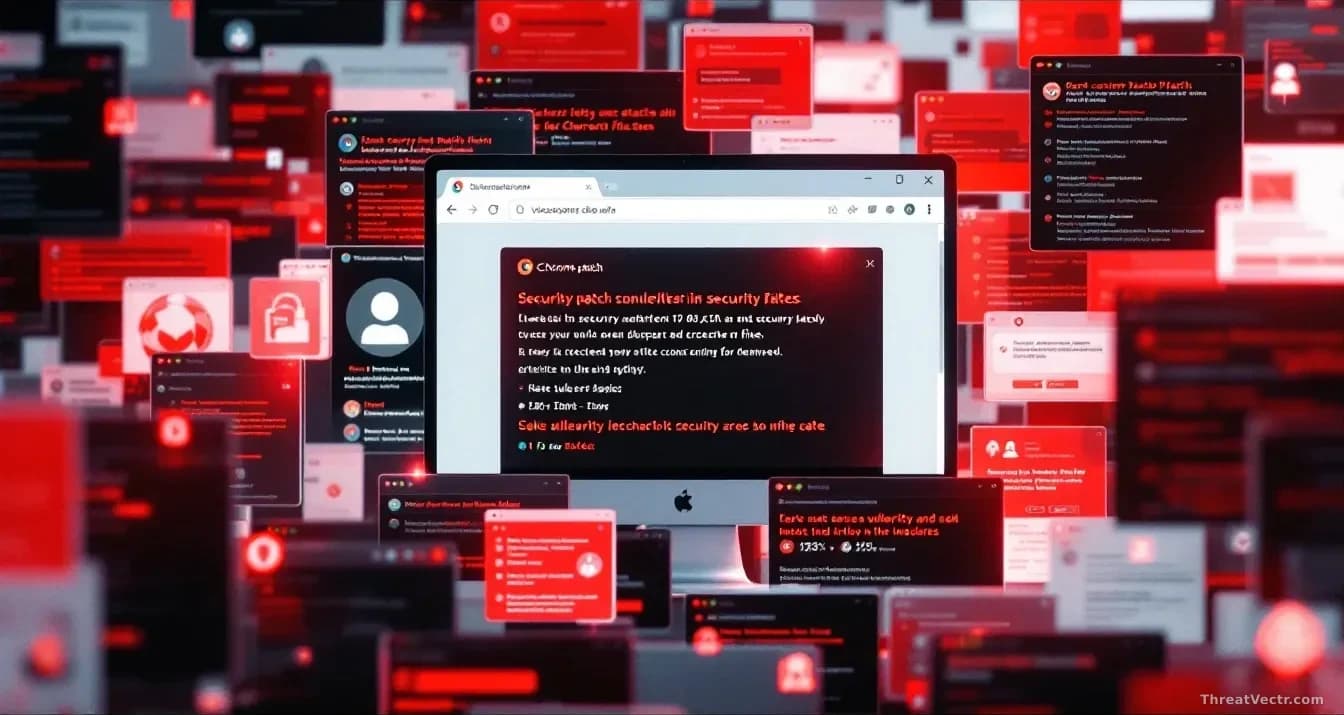A Chrome browser window surrounded by security patch notification windows and update prompts, showing the scale and frequency of vulnerability fixes being deplo
