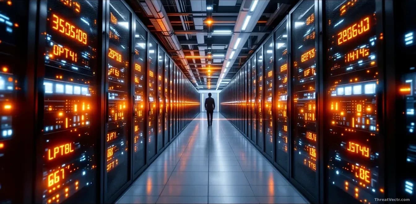 A data center facility with infrastructure management systems visible on control panels, showing highlighted devices that are dangerously close to network perim