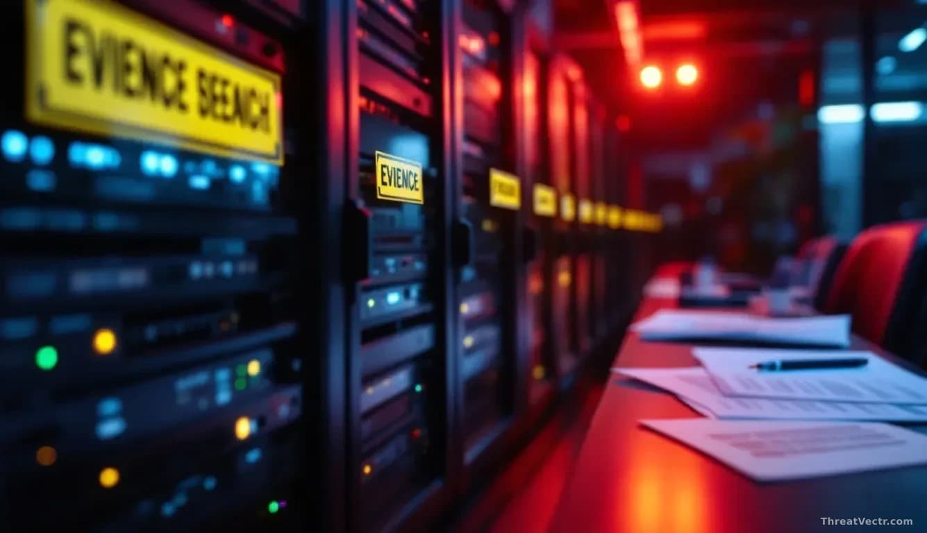 Corporate servers being secured with evidence markers after a data breach investigation, with forensic analysis equipment visible and breach notification docume