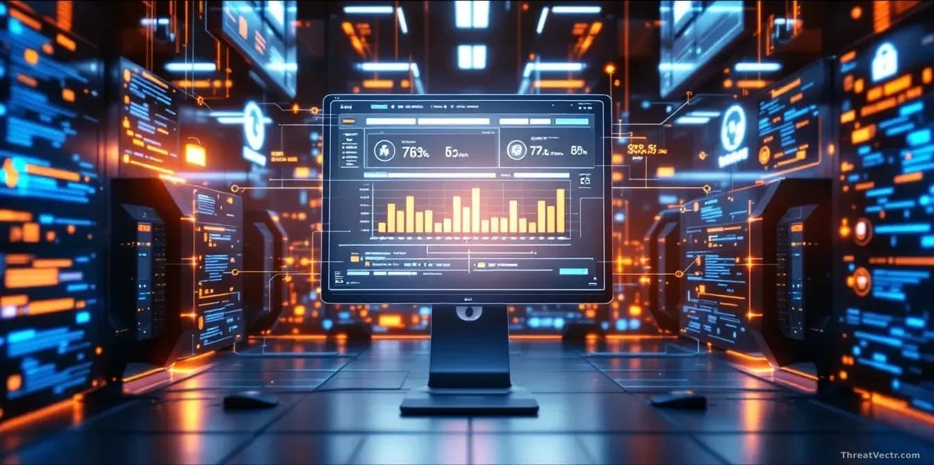 A cybersecurity operations center where automated agent software is actively patching vulnerabilities on multiple systems simultaneously, with progress bars and