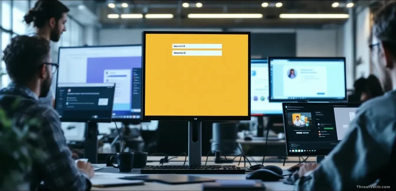 A composite image showing multiple computer screens in an office with reused password prompts, fake software installation windows, and phone calls on Teams, all