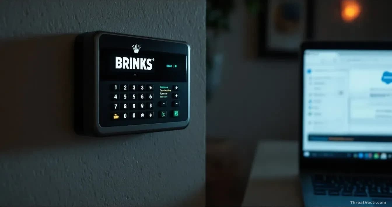 A Brinks residential alarm system security panel on a home wall with a Salesforce database interface visible on a nearby laptop screen, with data breach notific