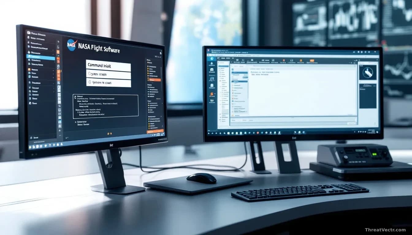 A spacecraft control center with multiple monitors displaying NASA flight software interfaces, one screen showing a command input field and system crash notific